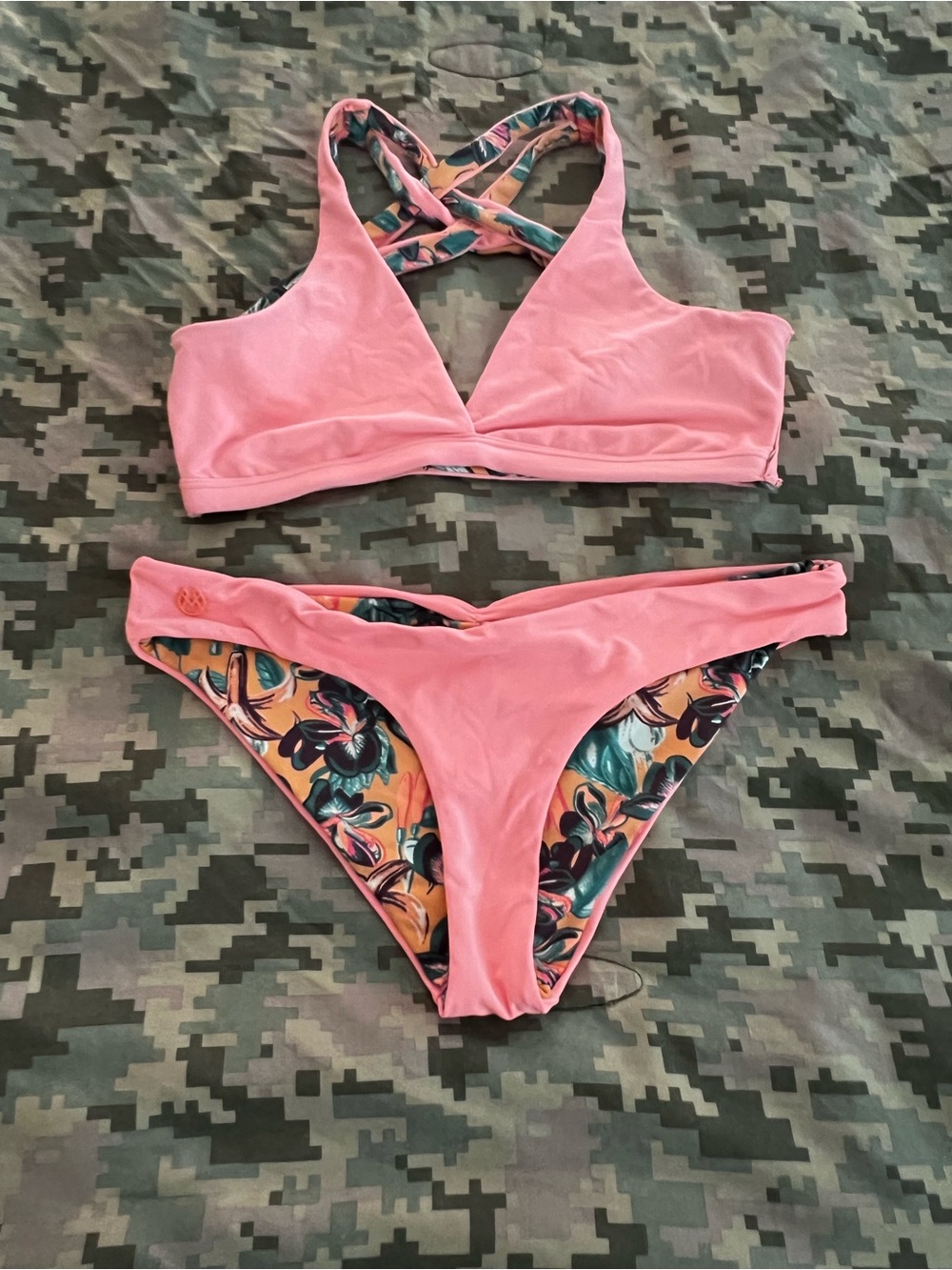 Maaji Reversible Pink & Floral Bikini Set - Crossback Top